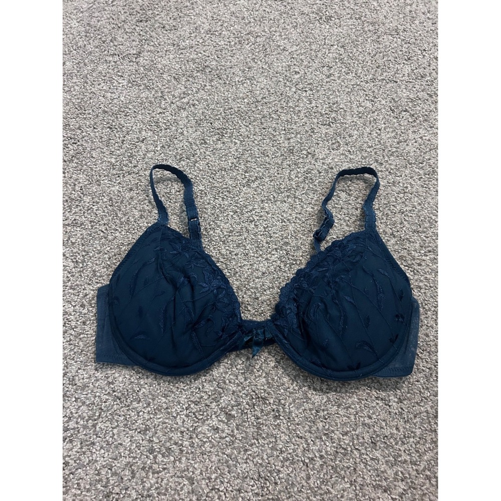 Victoria's Secret Teal Blue Floral Embroidered Demi Bra 36B Scalloped Lace VTG